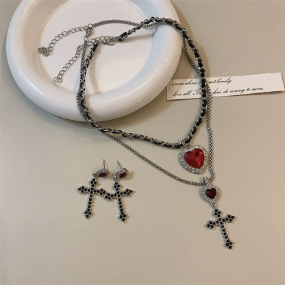 Cross Heart Rhinestone Pendant Layered Alloy Choker / Cross Drop Earring