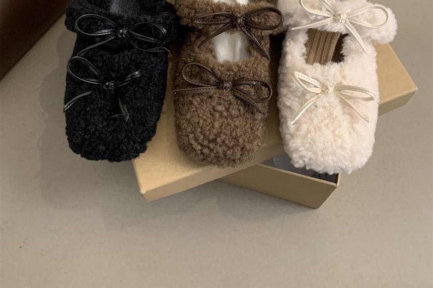 Sample Square Toe Bow Fleece Hidden Wedge Mary Jane Shoes