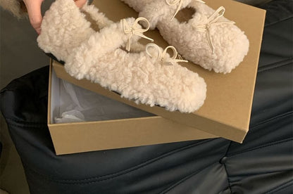 Sample Square Toe Bow Fleece Hidden Wedge Mary Jane Shoes