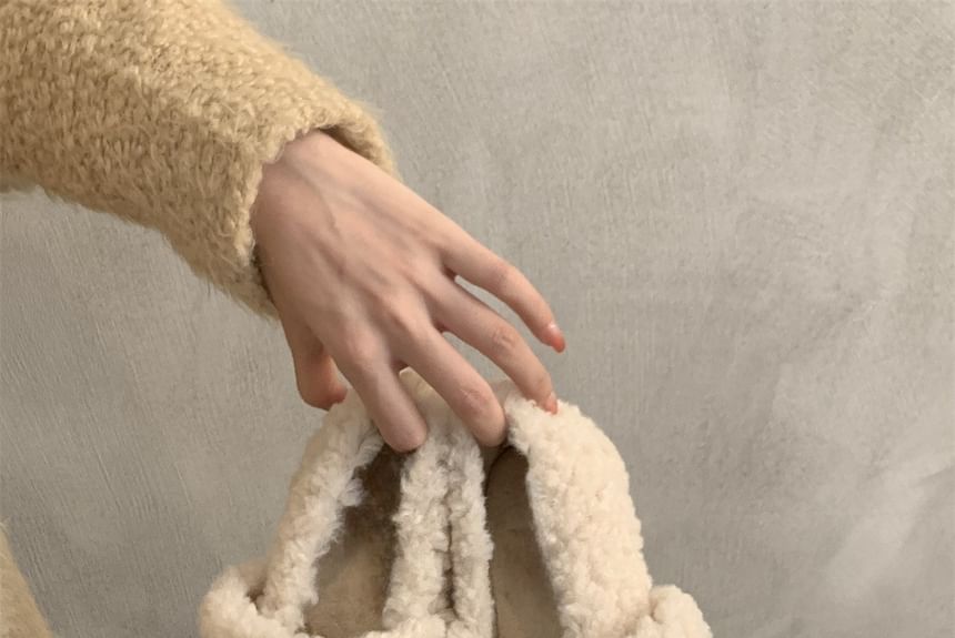 Sample Square Toe Bow Fleece Hidden Wedge Mary Jane Shoes