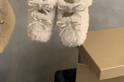 Sample Square Toe Bow Fleece Hidden Wedge Mary Jane Shoes