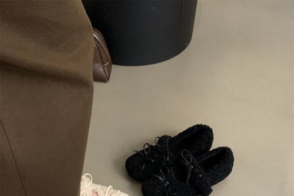 Sample Square Toe Bow Fleece Hidden Wedge Mary Jane Shoes
