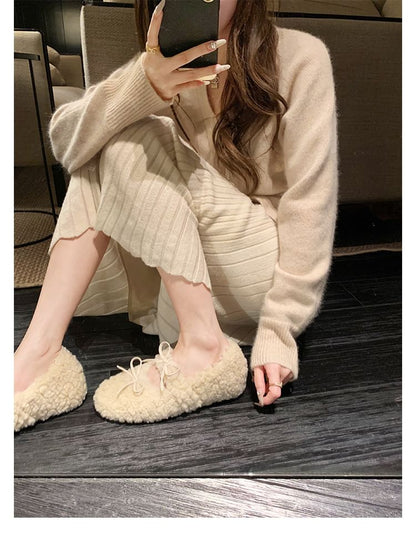 Sample Bow Fleece Hidden Wedge Mary Jane Shoes