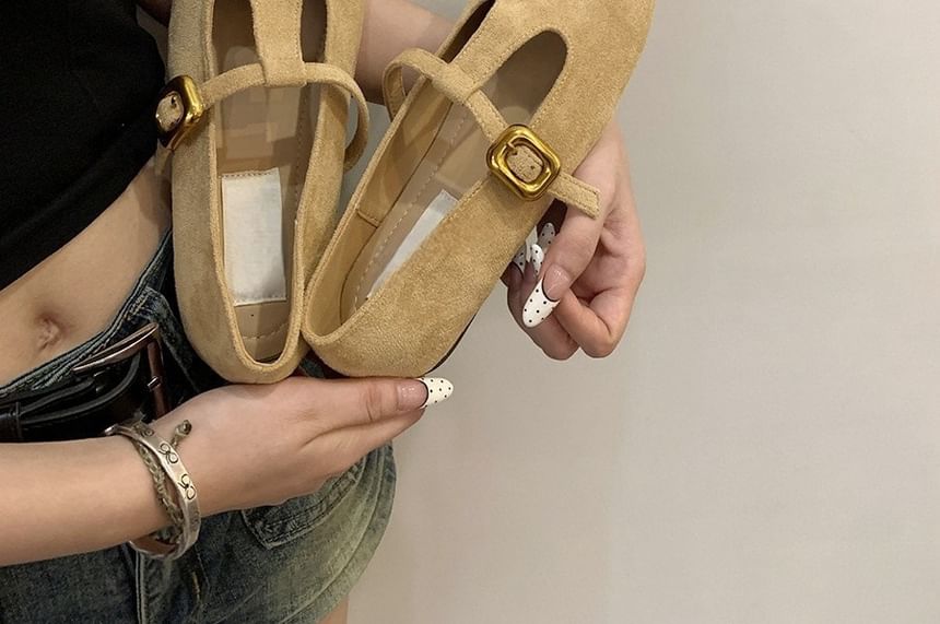 Sample Square Toe T-Strap Faux Suede Flats