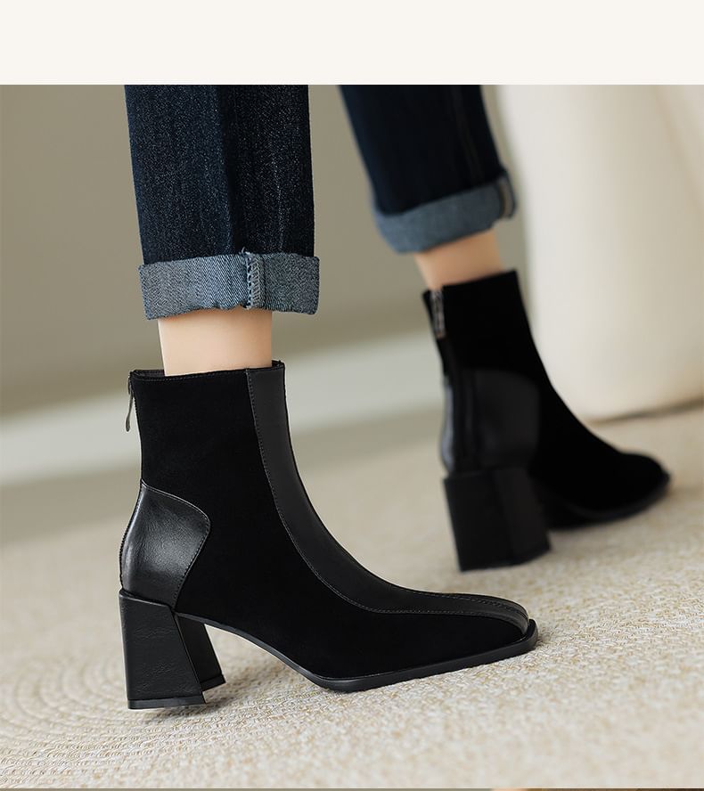 Sample Square Toe Panel Faux Suede Block Heel Short Boots