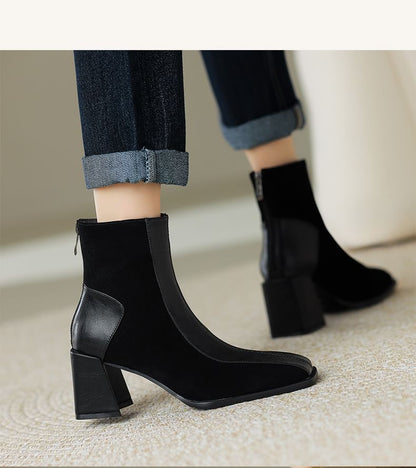 Sample Square Toe Panel Faux Suede Block Heel Short Boots
