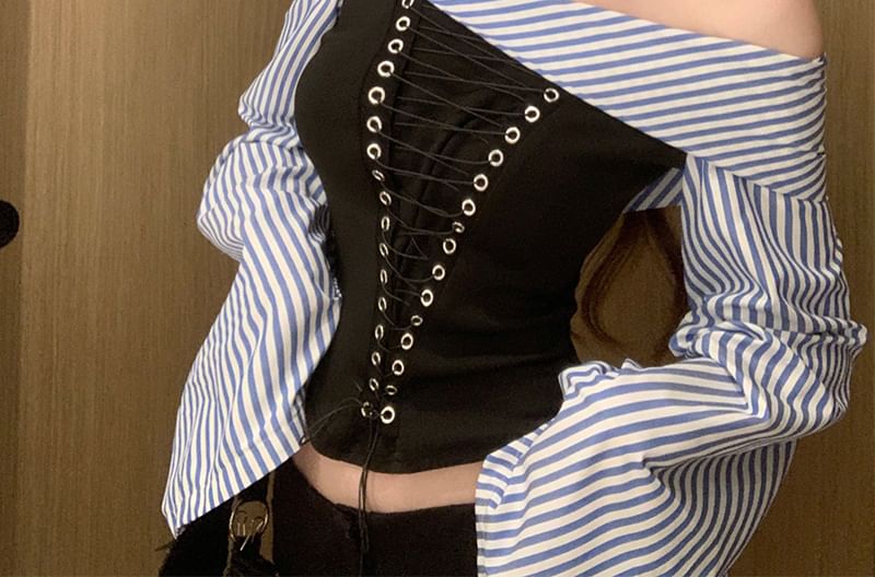 Off-Shoulder Striped Blouse Lace-Up Flared-Sleeve Cropped