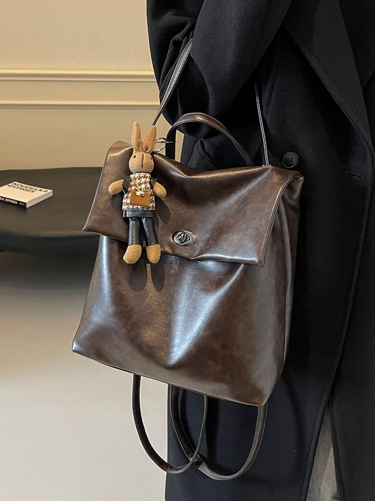 Leather Backpack With Flap Charm Faux