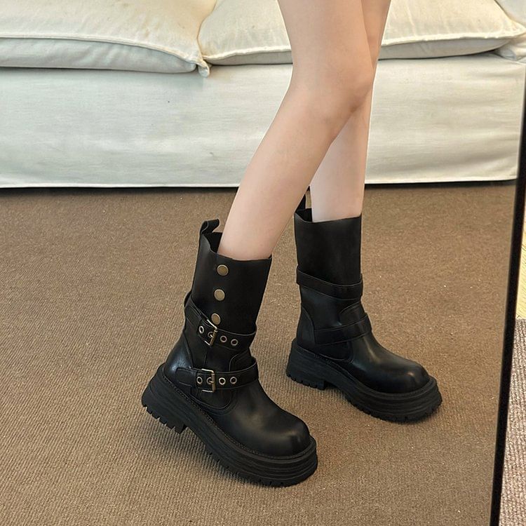 Boots Plain Buckled Faux Leather Platform Short