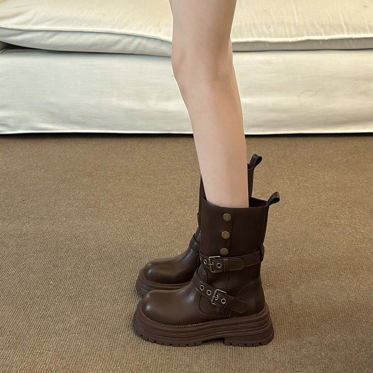 Boots Plain Buckled Faux Leather Platform Short