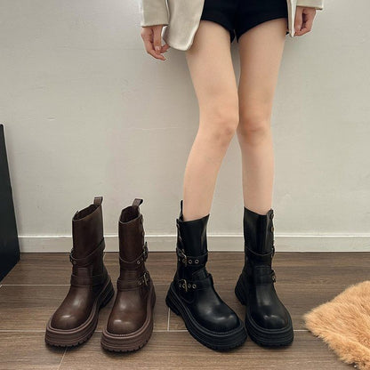 Boots Plain Buckled Faux Leather Platform Short