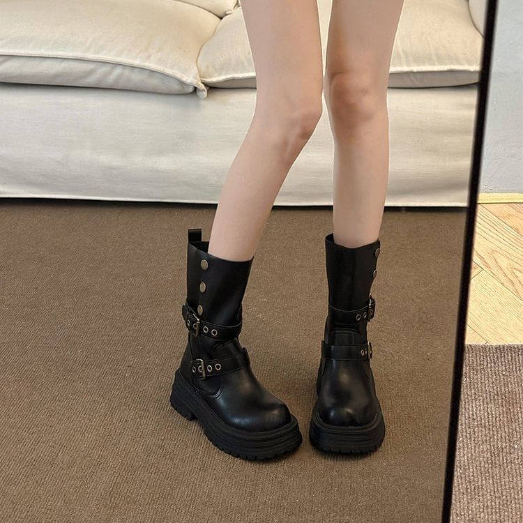 Boots Plain Buckled Faux Leather Platform Short