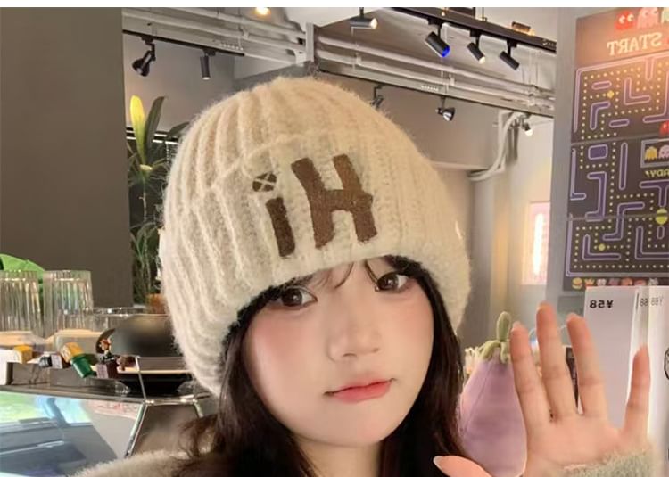 Beanie Lettering Embroidered Knit