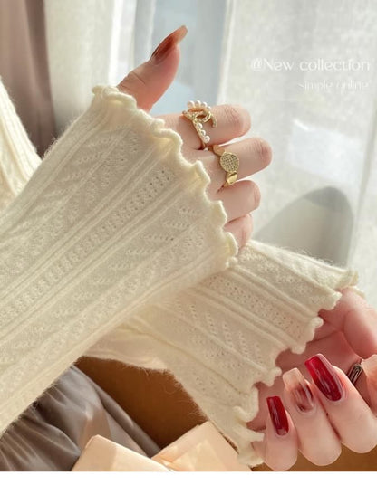 Long-Sleeve Mock Neck Plain Lettuce Edge Knit Top