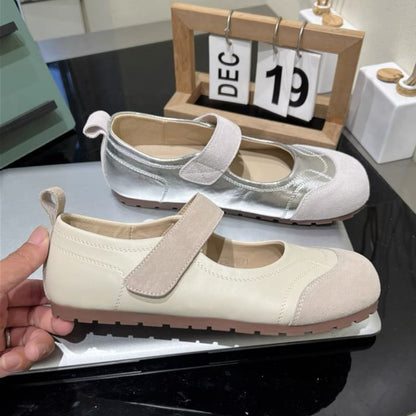 Leather Round Jane Mary Shoes Faux Adhesive Toe Strap