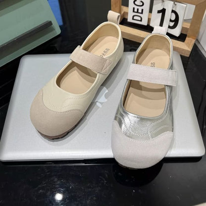 Leather Round Jane Mary Shoes Faux Adhesive Toe Strap