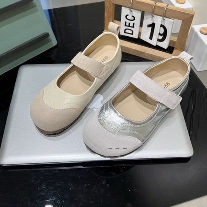 Leather Round Jane Mary Shoes Faux Adhesive Toe Strap