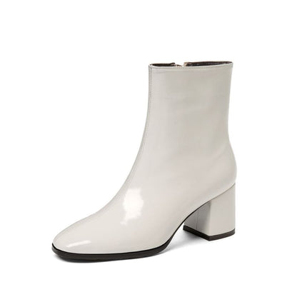 Leather Chunky Heel Plain Short Patent Zip-Up Boots