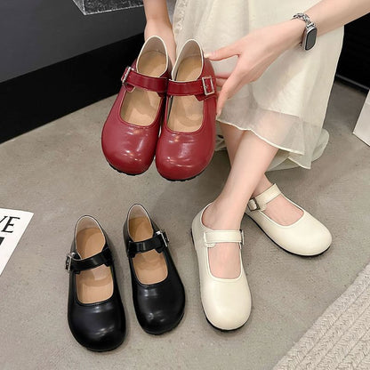 Round Buckled Leather Flats Plain Faux Mary Jane Toe