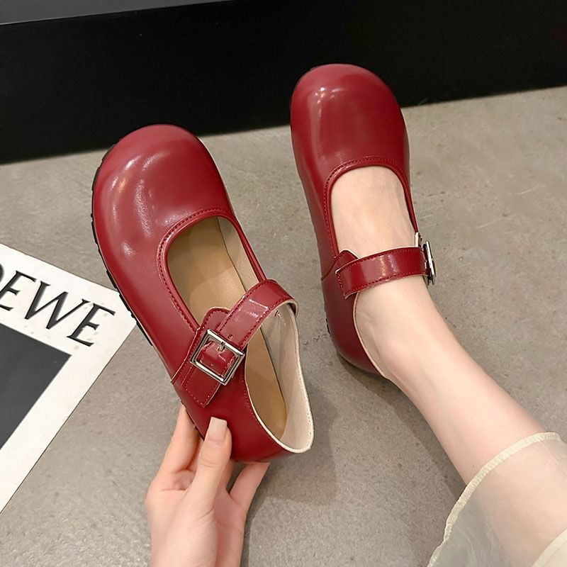 Round Buckled Leather Flats Plain Faux Mary Jane Toe