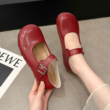 Round Buckled Leather Flats Plain Faux Mary Jane Toe