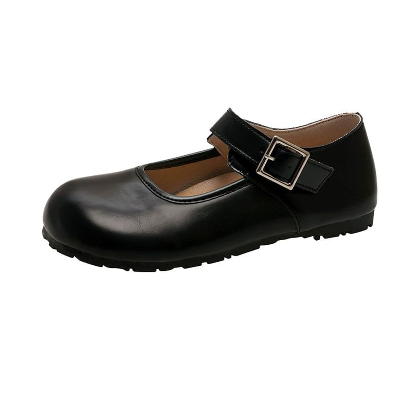 Round Buckled Leather Flats Plain Faux Mary Jane Toe