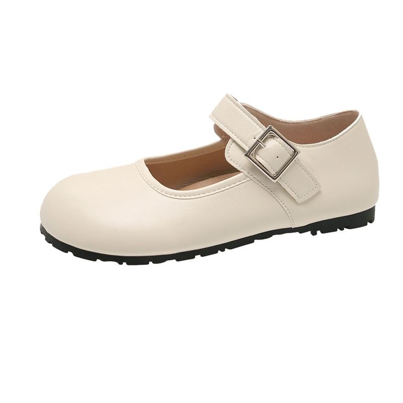 Round Buckled Leather Flats Plain Faux Mary Jane Toe