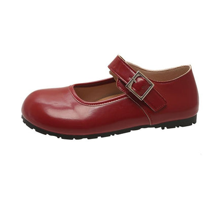 Round Buckled Leather Flats Plain Faux Mary Jane Toe