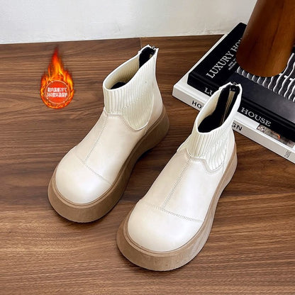 Faux Plain Sock Platform Boots Leather Short