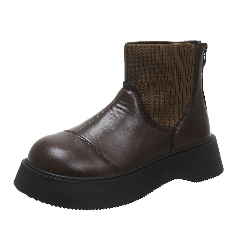 Faux Plain Sock Platform Boots Leather Short