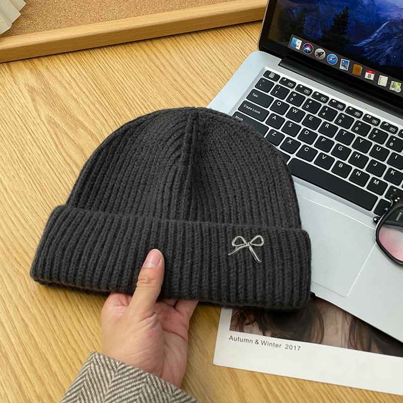Knit Metal Bow Beanie