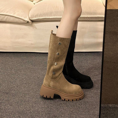 Platform Calf Faux Suede Button Mid Boots