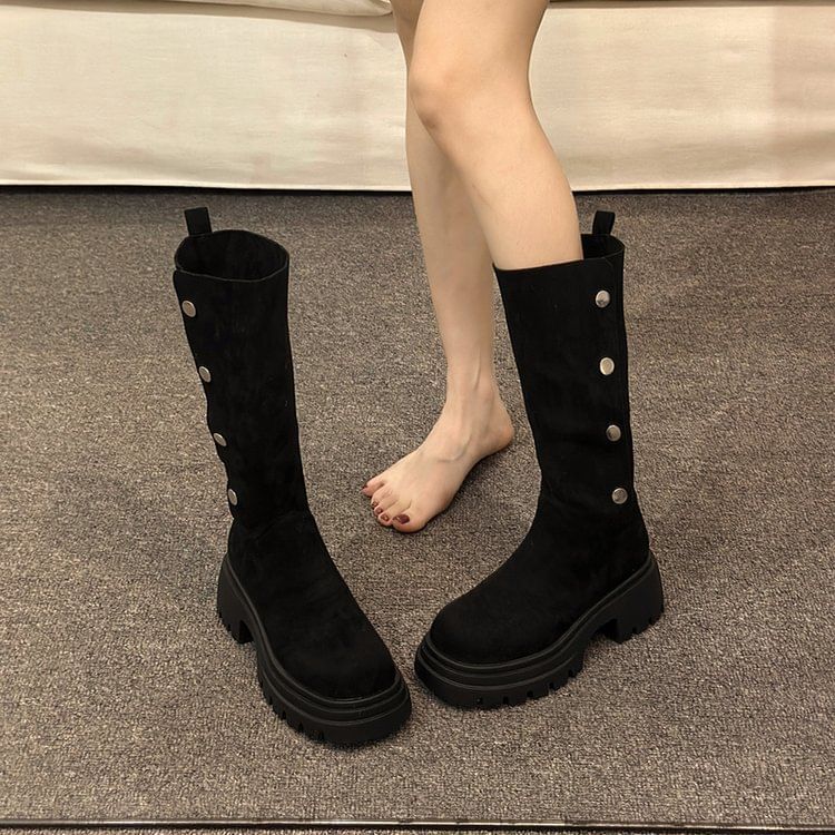 Platform Calf Faux Suede Button Mid Boots