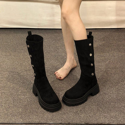 Platform Calf Faux Suede Button Mid Boots