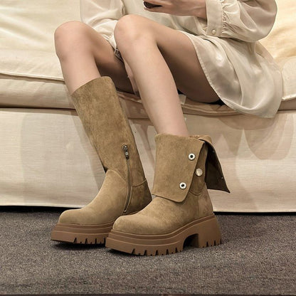 Platform Calf Faux Suede Button Mid Boots