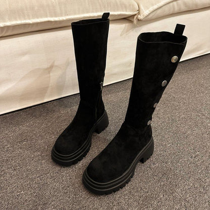 Platform Calf Faux Suede Button Mid Boots