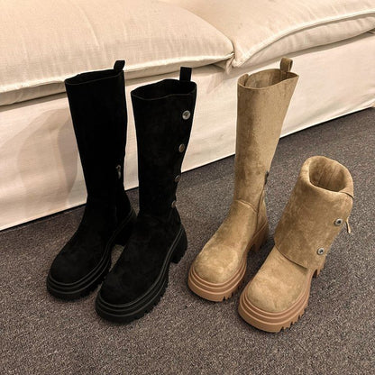 Platform Calf Faux Suede Button Mid Boots