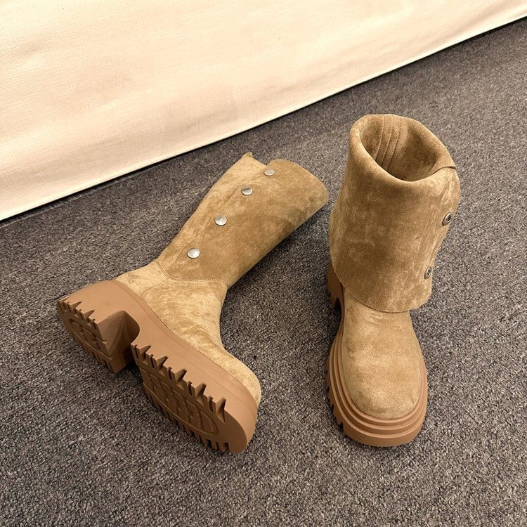 Platform Calf Faux Suede Button Mid Boots