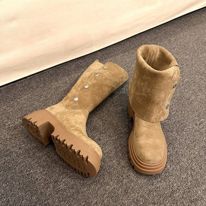 Platform Calf Faux Suede Button Mid Boots