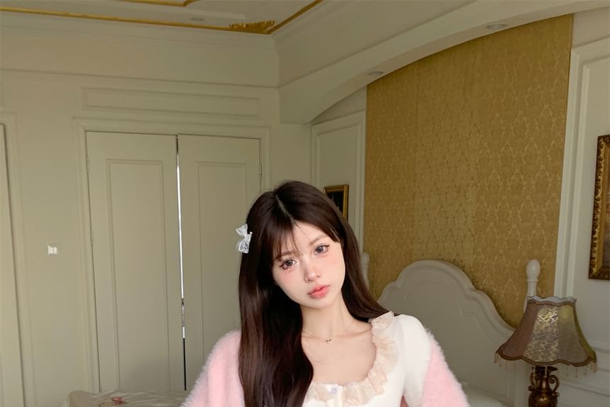 High Fluffy Cami / Lace Top Cardigan Front Trim Open Plain