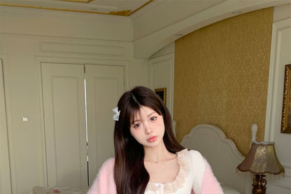 High Fluffy Cami / Lace Top Cardigan Front Trim Open Plain