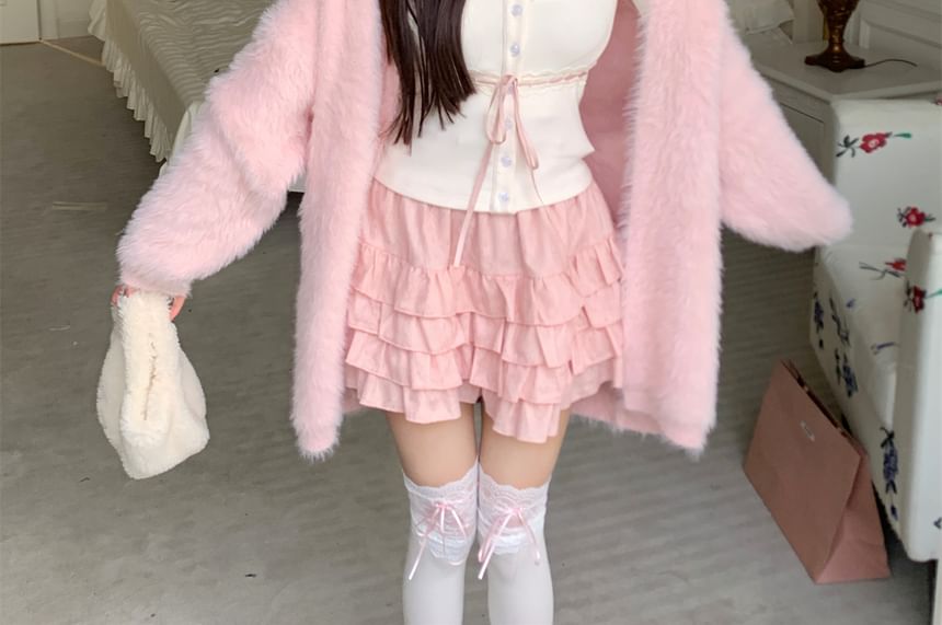 High Fluffy Cami / Lace Top Cardigan Front Trim Open Plain
