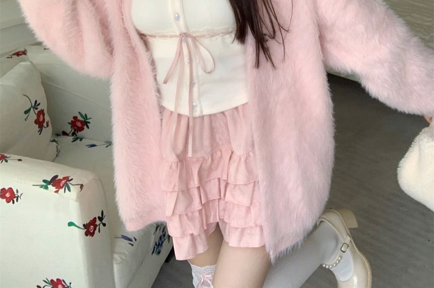 High Fluffy Cami / Lace Top Cardigan Front Trim Open Plain