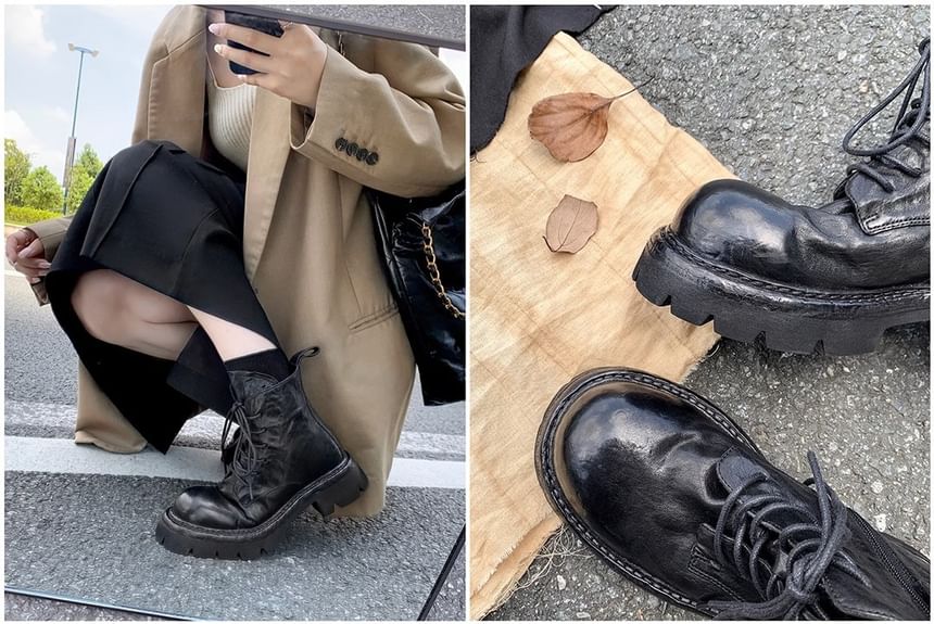 Lace-Up Genuine Platform Plain Short Boots Leather