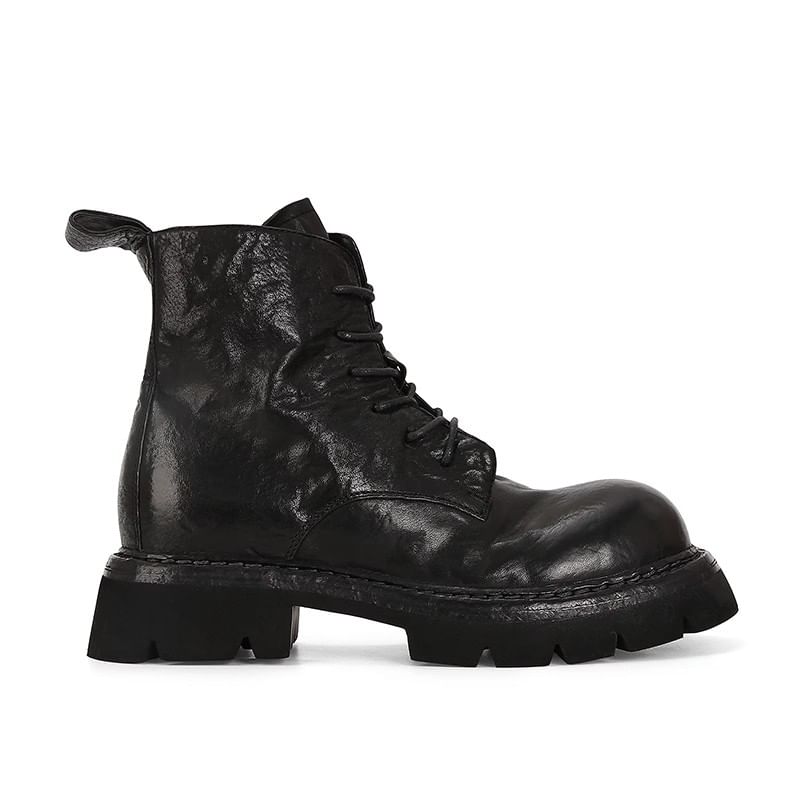 Lace-Up Genuine Platform Plain Short Boots Leather
