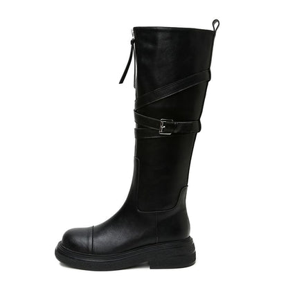 Boots Platform Tall Plain Faux Zip-Up Leather Buckled