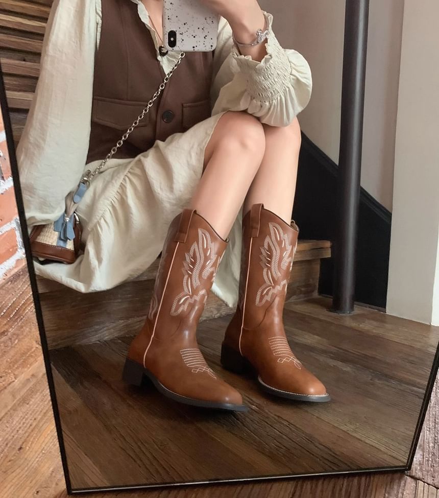 Heel Boots Faux Embroidered Chunky Leather Mid-Calf Cowboy