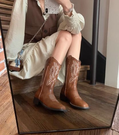 Heel Boots Faux Embroidered Chunky Leather Mid-Calf Cowboy