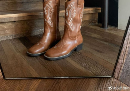 Heel Boots Faux Embroidered Chunky Leather Mid-Calf Cowboy