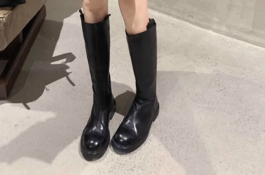 Tall Platform Genuine Plain Zip-Up Boots Leather